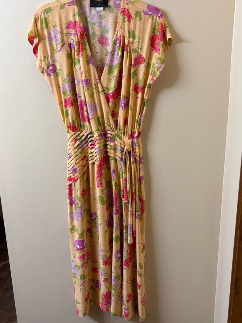 Floral Wrap Dress Midi Peach Pink Green Tie Waist